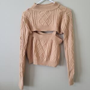 Say What? 2 PC Sweater Set Crop Porcini Tan Cable Knit Shrug Tank